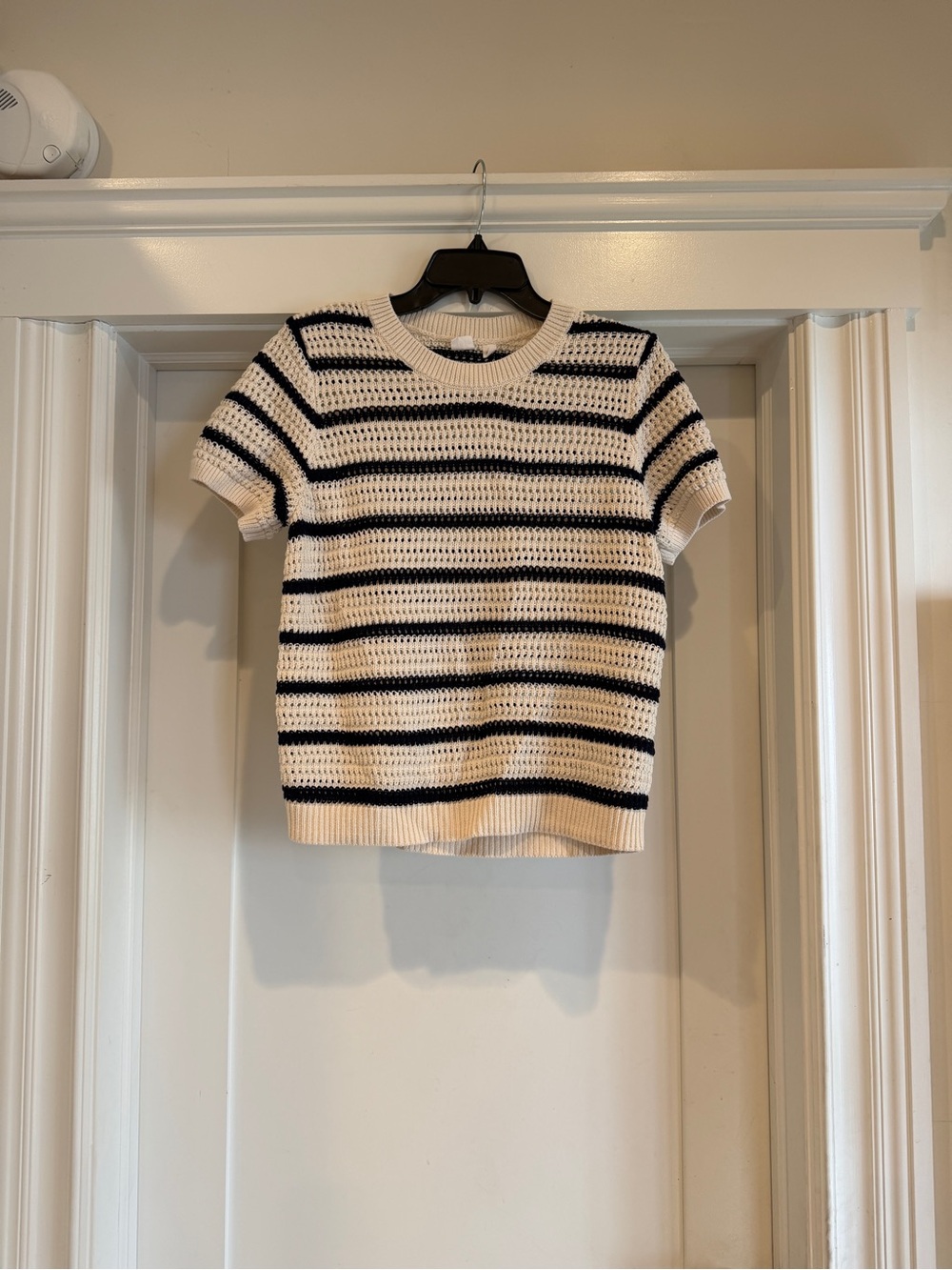 Striped Short-Sleeve Knit Top in Navy and White